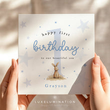 Load image into Gallery viewer, Personalised Happy Birthday to our Son Card with Cute Blue Bunny 00426