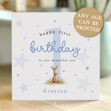 Load image into Gallery viewer, Personalised Happy Birthday to our Son Card with Cute Blue Bunny 00426