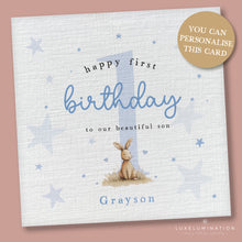 Load image into Gallery viewer, Personalised Happy Birthday to our Son Card with Cute Blue Bunny 00426