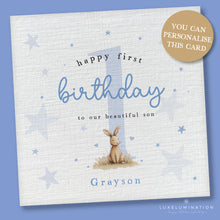 Load image into Gallery viewer, Personalised Happy Birthday to our Son Card with Cute Blue Bunny 00426