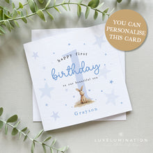 Load image into Gallery viewer, Personalised Happy Birthday to our Son Card with Cute Blue Bunny 00426