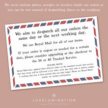 Load image into Gallery viewer, Letter with text about shipping policies on a pink background, featuring the Luxelumination brand.