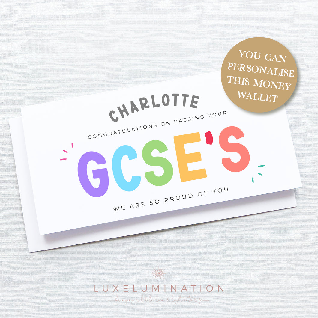 Passed your GCSE's Exams Congratulations Gift Money Wallet Envelope, Personalised Handmade Card 00377