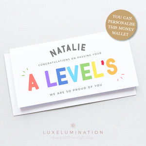 Passed your A-Level's Exams Congratulations Gift Money Wallet Envelope, Personalised Handmade Card 00378