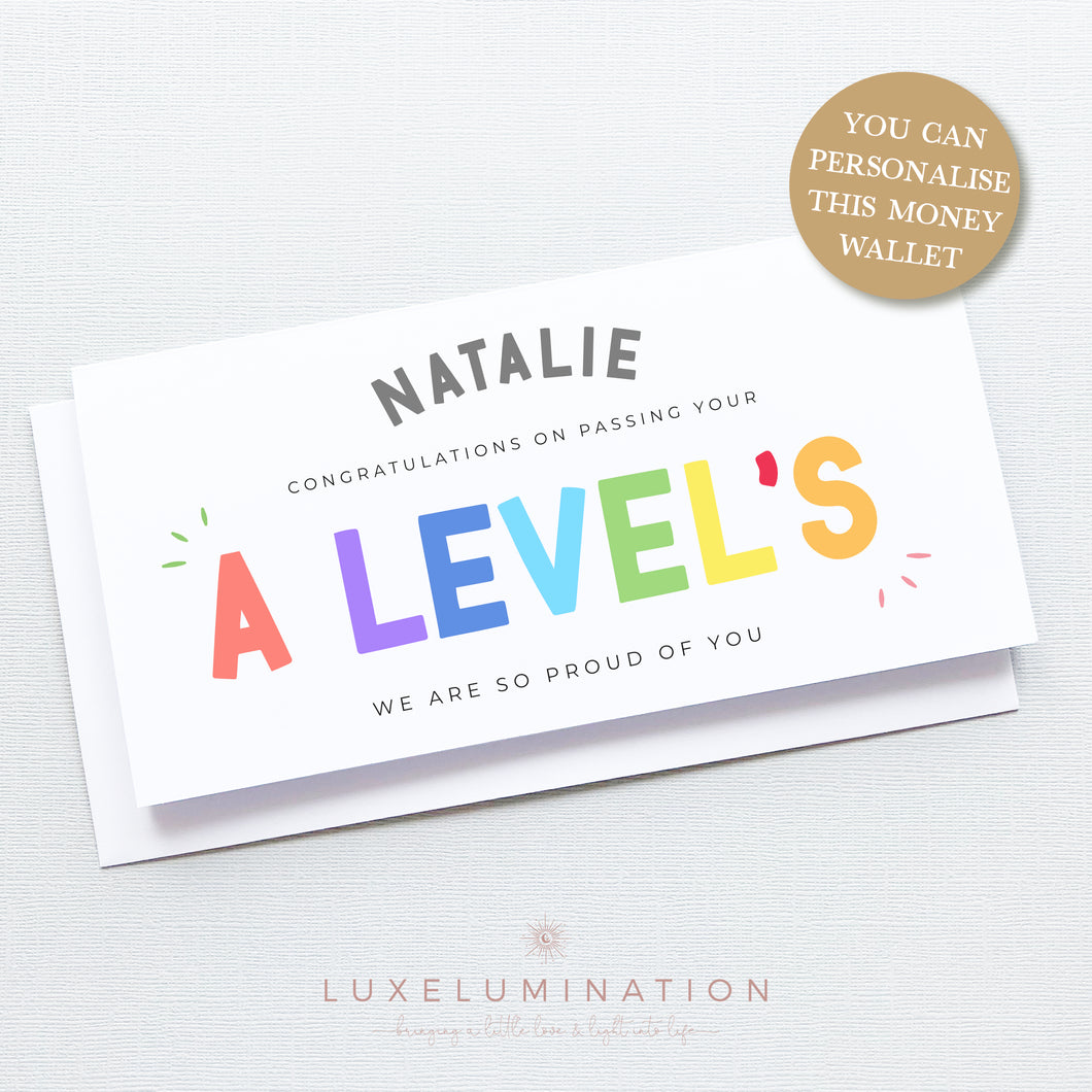 Passed your A-Level's Exams Congratulations Gift Money Wallet Envelope, Personalised Handmade Card 00378