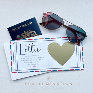 Personalised Travel Ticket Voucher, Scratch off Trip Reveal Birthday Surprise Gift 00167