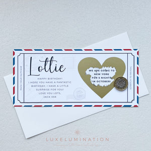 Personalised Travel Ticket Voucher, Scratch off Trip Reveal Birthday Surprise Gift 00167