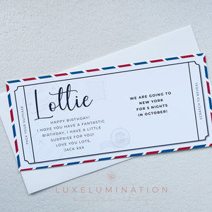 Personalised Travel Ticket Voucher, Scratch off Trip Reveal Birthday Surprise Gift 00167