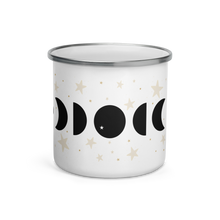 Load image into Gallery viewer, Enamel Mug, Moon Phase Design. Celestial Gift. Coffee Mug. Tea Lovers Gift. Camping Mug.
