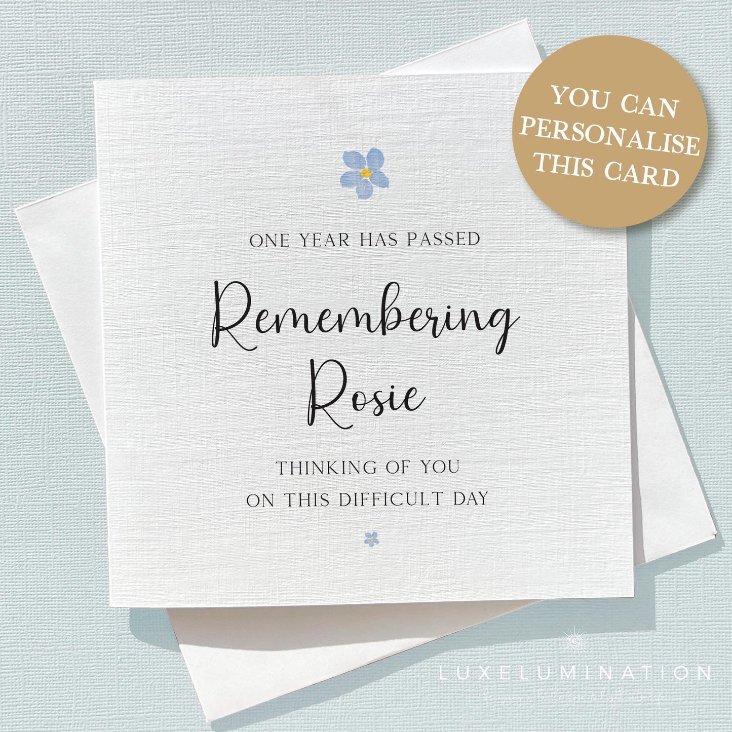 Personalised One Year On Bereavement with Forget Me Not Flowers, Death Anniversary, Remembrance Card.