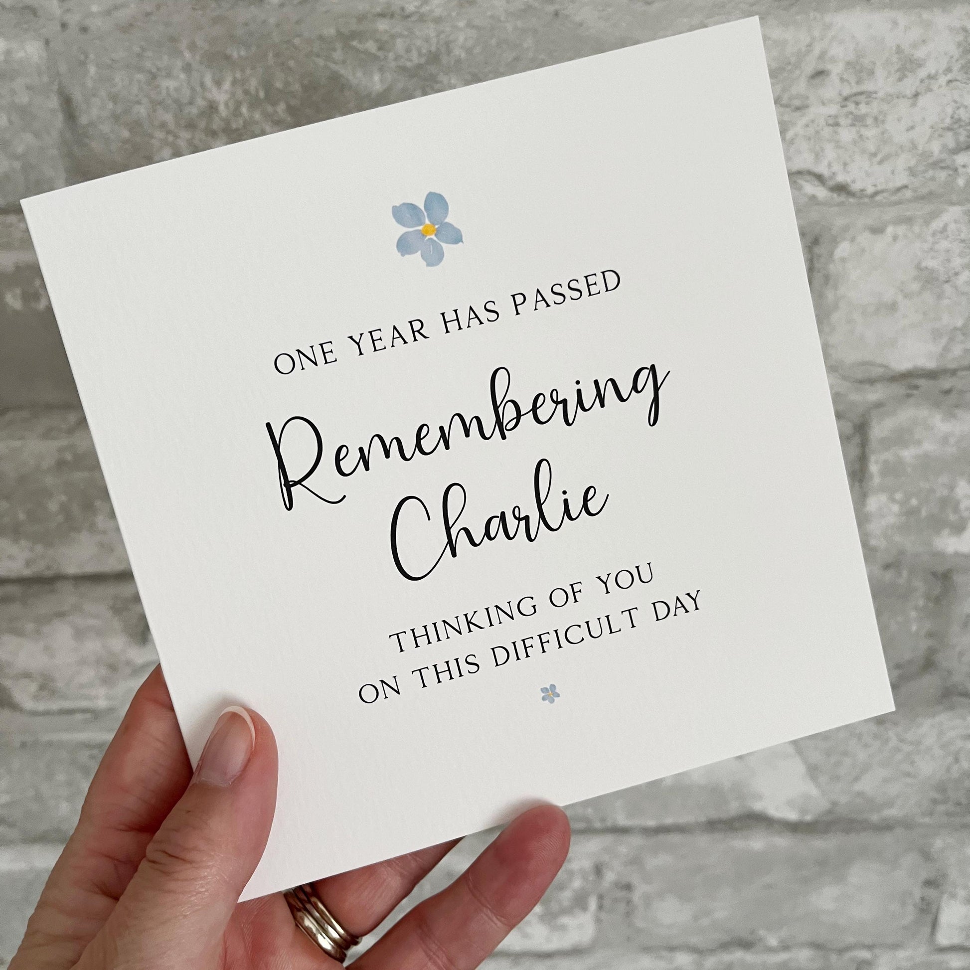 Personalised One Year On Bereavement with Forget Me Not Flowers, Death Anniversary, Remembrance Card.