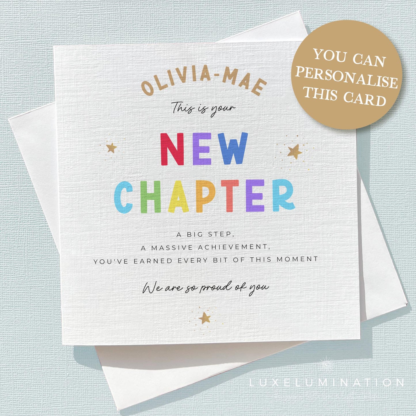 A New Chapter Greeting Card. Well Done Card, Personalised Card, Achievement Card. Passing Exams Card. Congratulations on your new job.