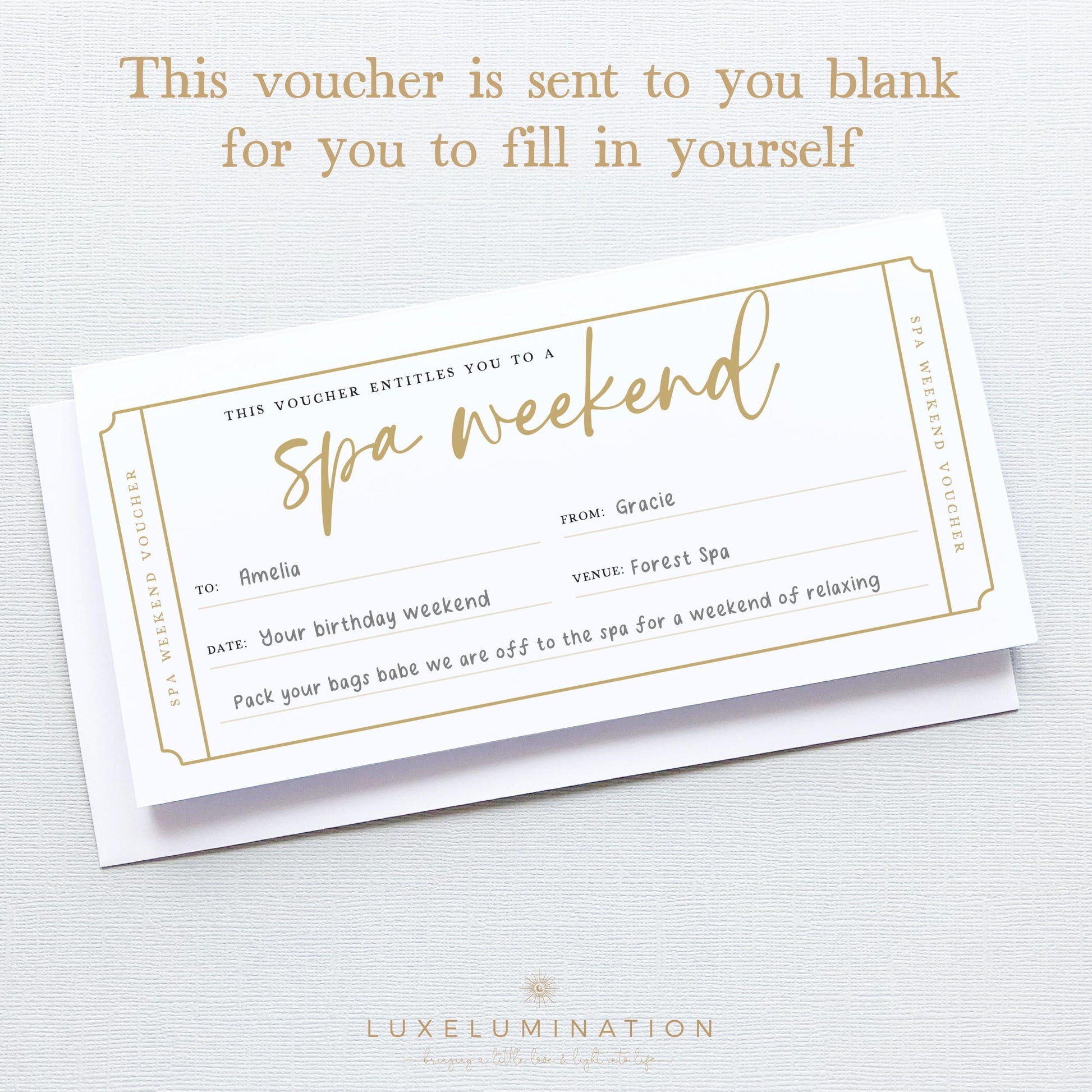 Spa Weekend Gift Voucher, Surprise Reveal Tickets, DIY Fillable Gift.