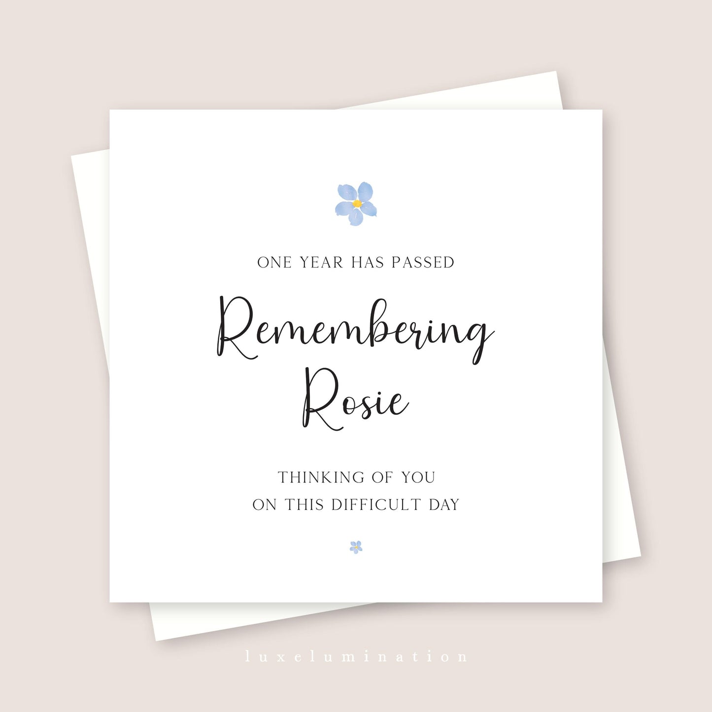 Personalised One Year On Bereavement with Forget Me Not Flowers, Death Anniversary, Remembrance Card.