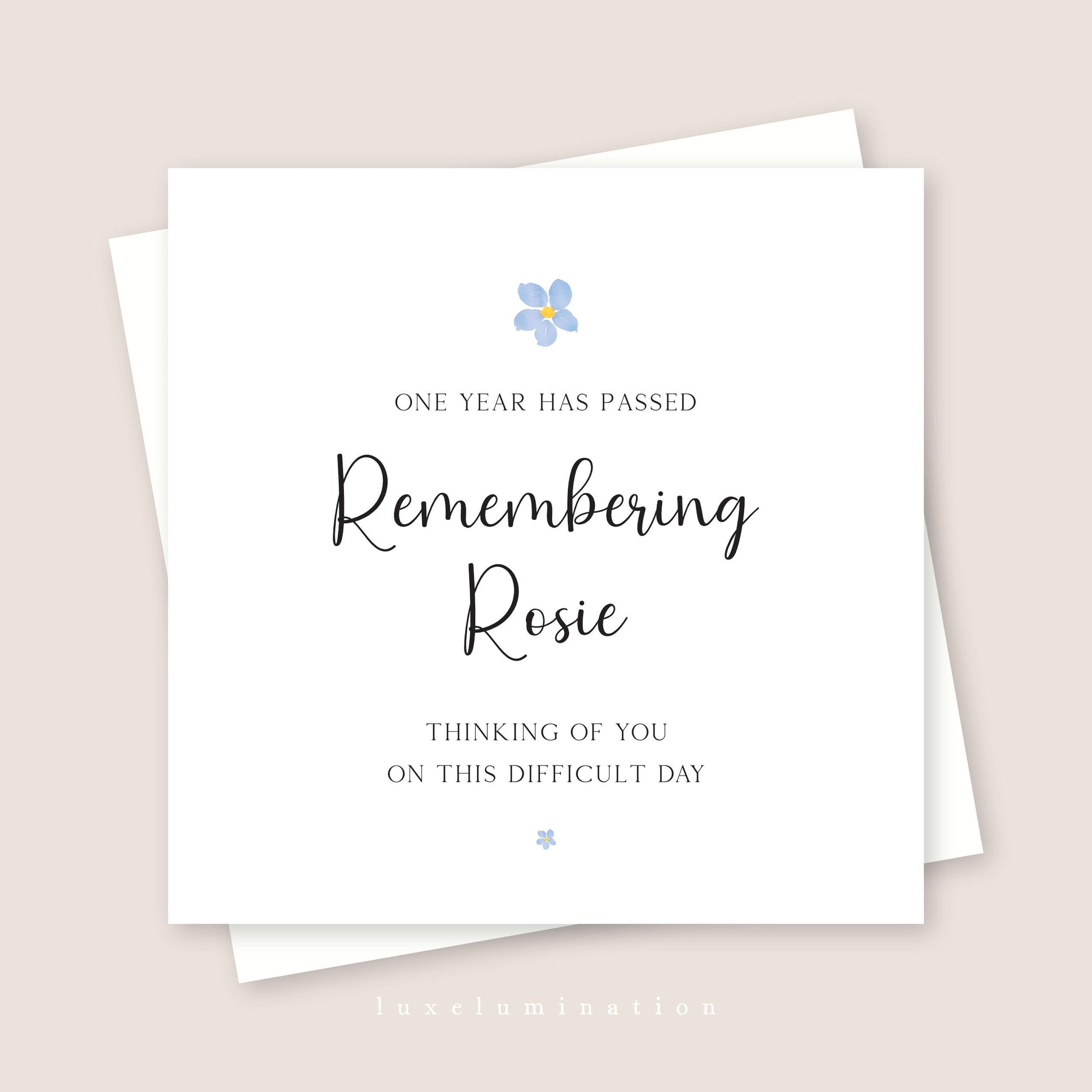 Personalised One Year On Bereavement with Forget Me Not Flowers, Death Anniversary, Remembrance Card.