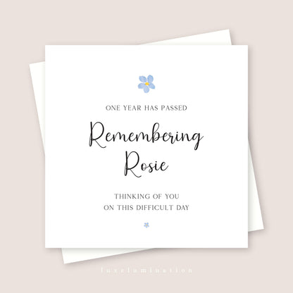Personalised One Year On Bereavement with Forget Me Not Flowers, Death Anniversary, Remembrance Card.