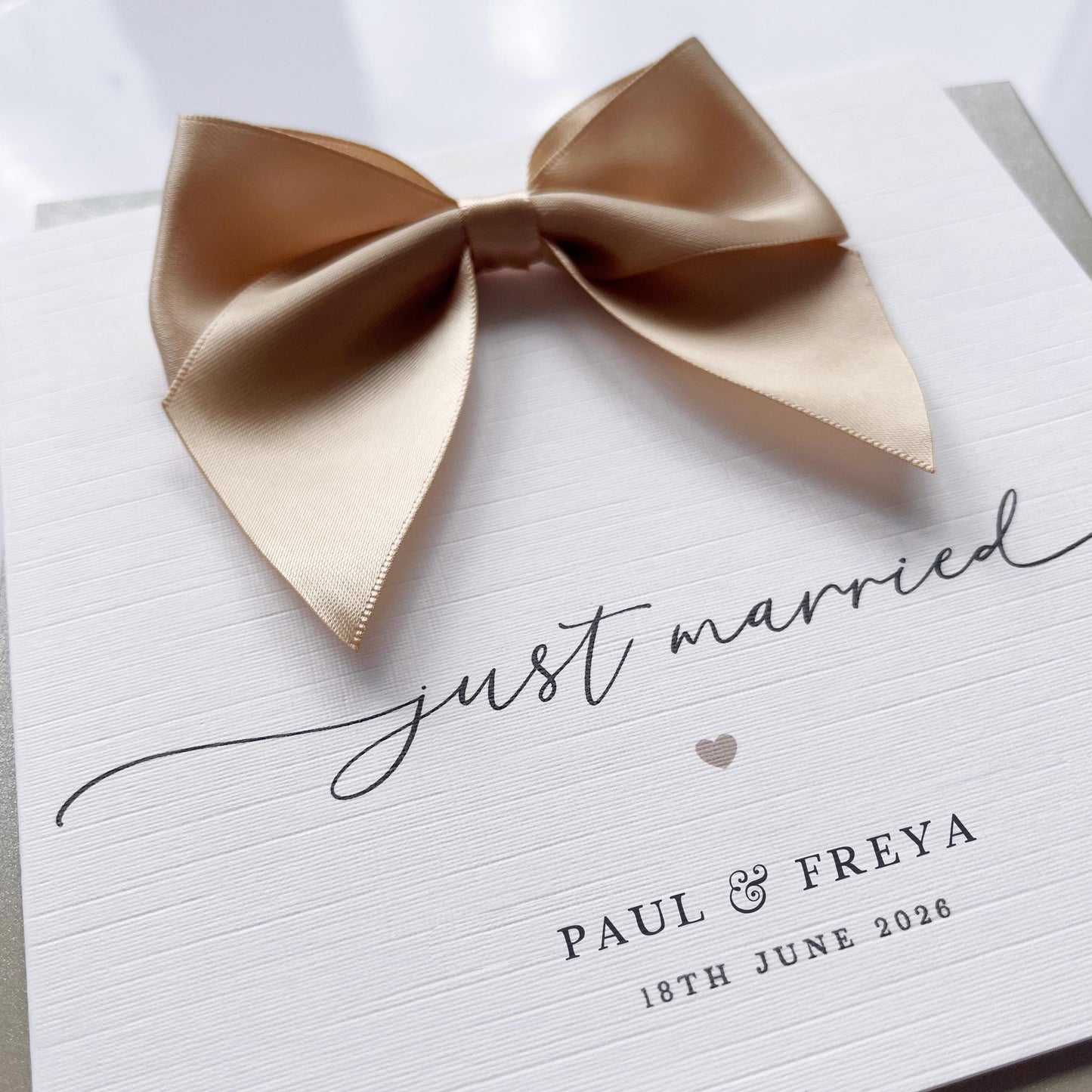 Personalised Just Married, Wedding Day Card with Large Satin Bow