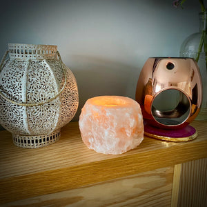 Himalayan Salt, Tealight Candle Holder with Handmade 100% Soy Wax Tea Light